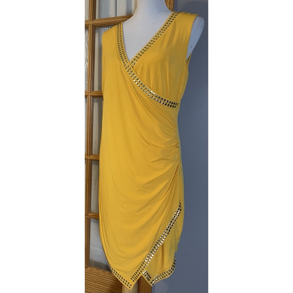 Thalia Sodi Studded Faux Wrap Dress L Yellow Gold Side Ruched  Slanted Hem Party - Picture 2 of 16